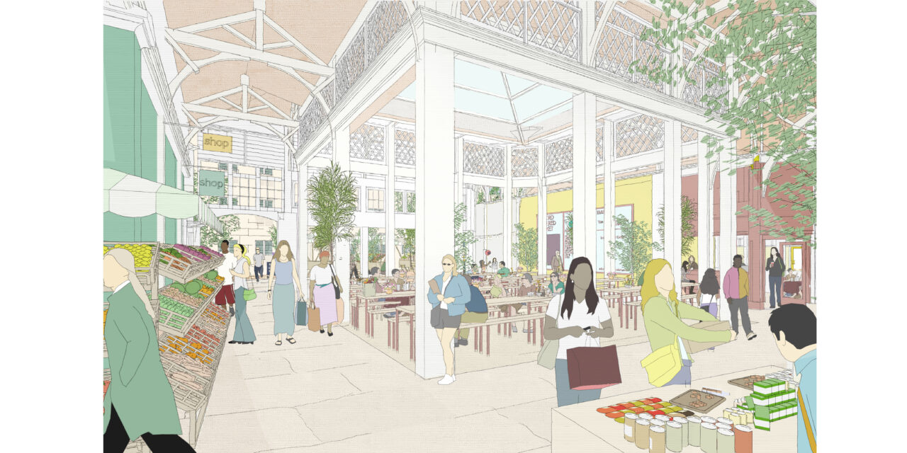 Artists impression of proposed communal space inside the Covered Market. People are sitting and milling around a new seating area.