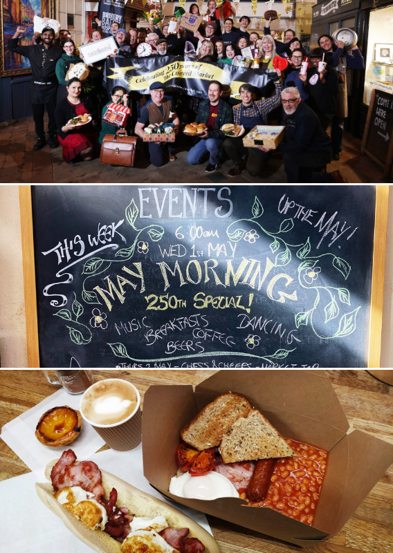 3 pictures 1) a crowd of traders holding a 250th banner all cheering 2) Chalkboard with May Morning written on it 3) A takeaway fried breakfast with a coffee and a cake